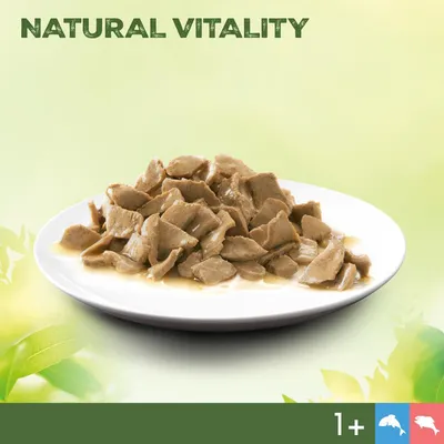 Karma mokra na białym talerzu, napis 'Natural Vitality', odpowiednia dla kotów od 1 roku. Symbole kota i delfina w prawym dolnym rogu.