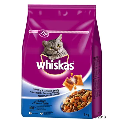 Whiskas suha hrana za mačke, okus tuna, 4 kg. Na embalaži je slika mačke, skleda briketov in napis: Knusprig & mit Fleisch gefüllt, Thunfisch, 100 % vollständige Ernährung.