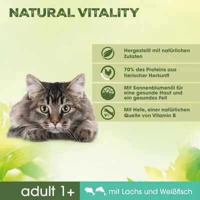 Natural Vitality. Tillverkad med naturliga ingredienser, 70 % animaliskt protein, solrosolja för hud och päls, jäst som källa till vitamin B. Adult 1+ med lax och vitfisk.