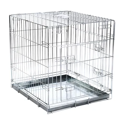 Cușcă metalică cu pereți din grilaj și tavă de bază detașabilă din metal, potrivită pentru transport sau cazare animale de companie.