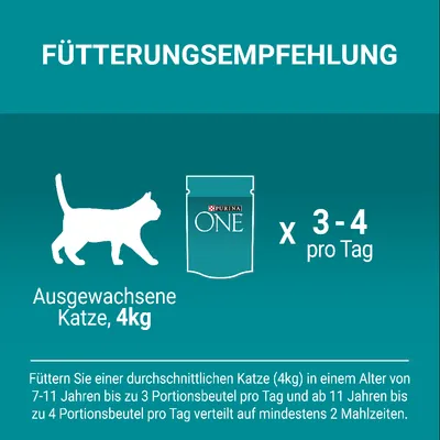 Conseils d’alimentation pour chat adulte 4 kg : PURINA ONE, 3–4 sachets par jour. Texte en allemand : Fütterungsempfehlung, Ausgewachsene Katze, 4kg, pro Tag.