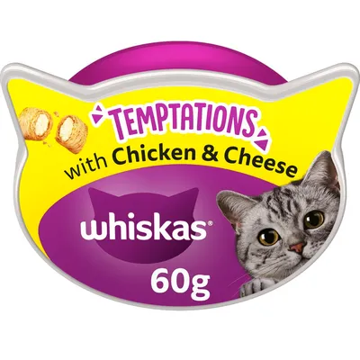 Whiskas Temptations with Chicken & Cheese, 60g. Cat-shaped packaging with image of a grey tabby cat and two filled treats shown on yellow background.