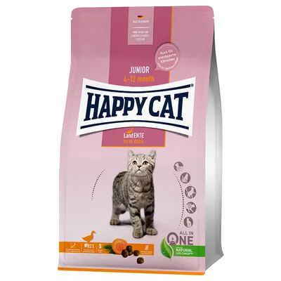 Happy Cat Junior 4–12 month LandENTE farm duck kattemad, billede af killing, tekst: Auch für sterilisierte Kätzchen, Natural Life Concept, 82 % animalsk protein, uden konserveringsstoffer