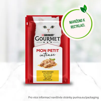Purina Gourmet Mon Petit Intense with chicken. Text: Navrženo k recyklaci.
