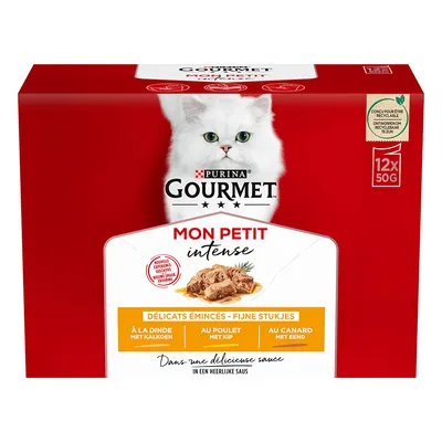 Purina Gourmet Mon Petit Intense, fina bitar i sås, smaker: kalkon, kyckling, anka. Förpackning med 12x50g portionspåsar, återvinningsbar.