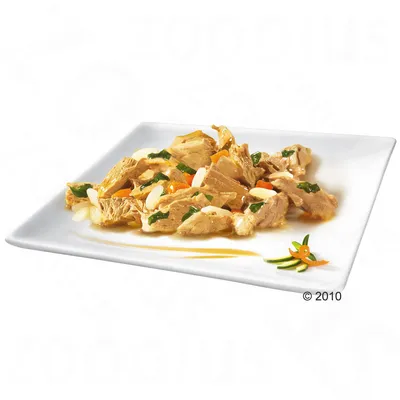 Chunks of meat with visible vegetables and sauce served on a white square plate. No brand or product name shown.