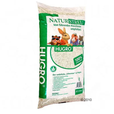 HUGRO Naturstreu pieneläinten kuivikkeen pakkaus, 100 % kasviperäinen, tilavuus 30 litraa. Pakkauksessa kuvattuna kani, marsu ja hamsteri.