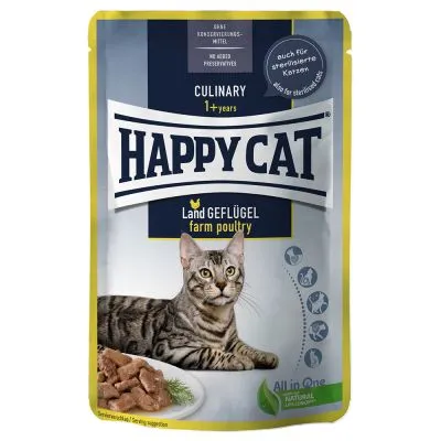 Happy Cat Culinary 1+ years Land Geflügel farm poultry, bustina con immagine di gatto tigrato e pezzi di carne. Testo in tedesco e inglese visibile sulla confezione.