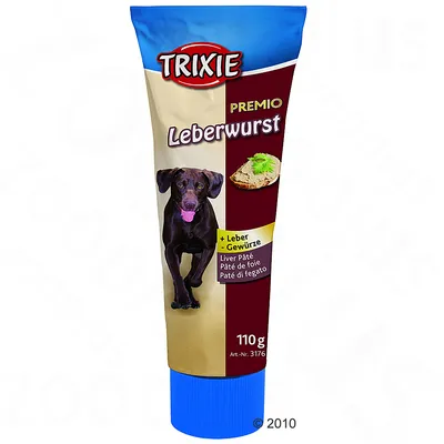 Embalagem de patê para cães Trixie Premio Leberwurst, 110 g. Texto visível: '+ Leber-Gewürze', 'Liver Pâté', 'Paté de foie', 'Paté di fegato'. Imagem de cão e patê.