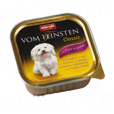 animonda Vom Feinsten Classic hondenvoer, met kalkoen en lam. Tekst: mit Pute + Lamm, met Kalkoen + lam, con Tacchino + agnello, z indykiem + jagnięciną, with Turkey + Lamb.