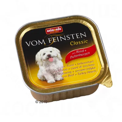 animonda Vom Feinsten Classic hondenvoer, met rund en kalkoenhart. Tekst in meerdere talen: mit Rind + Putenherzen, con Manzo + cuore di tacchino, with Beef + Turkey Hearts.