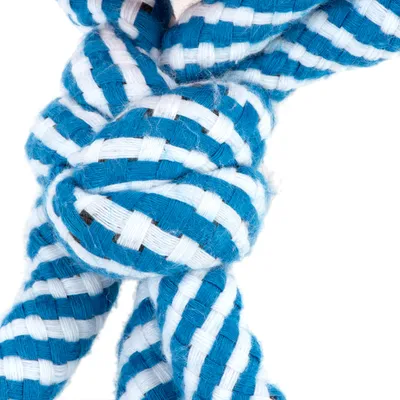 Fonott játék kék-fehér anyagból, csomó alakú.