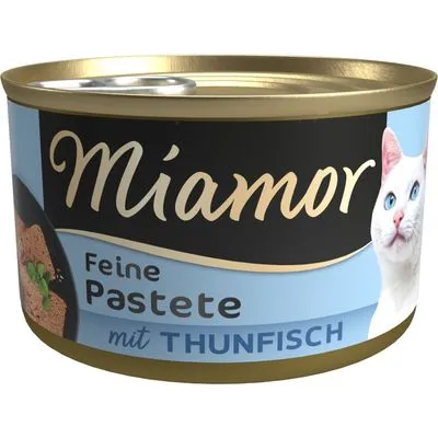 Miamor Feine Pastete mit Thunfisch kattenvoer in blik, afbeelding van een witte kat en paté zichtbaar op het etiket.
