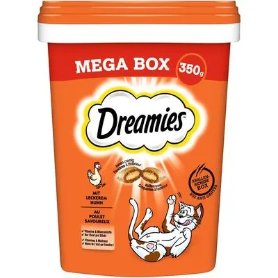 Dreamies Mega Box 350g, kattensnacks met kip. Illustratie van kat en snack, tekst: 'mit leckerem Huhn', 'vitamine & mineralen', 'minder dan 2 kcal per stuk'.