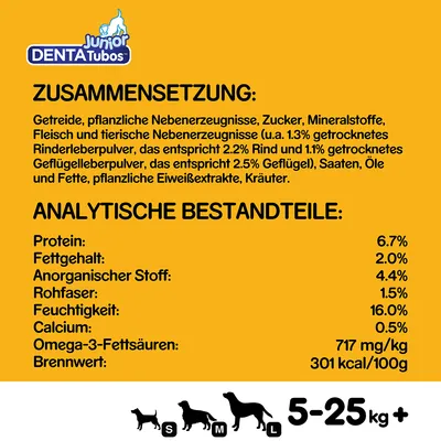 Junior DentaTubos. Sestava in analitske sestavine v nemščini: protein 6,7 %, maščobe 2,0 %, anorganske snovi 4,4 %, vlaknine 1,5 %, vlaga 16,0 %, kalcij 0,5 %, omega-3 717 mg/kg, 301 kcal/100g. Za pse 5–25 kg+.