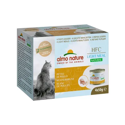 almo nature HFC Light Meal Natural, 4x50g, kyllingebryst. Tekst: 4 lette måltider. Billede af kat og dåse med foder. Synlig fondazione Capellino-mærke.