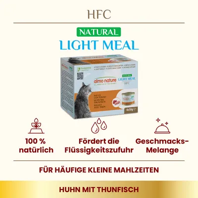 Almo Nature HFC Natural Light Meal, Huhn mit Thunfisch, 4x50g. 100% natürlich, fördert Flüssigkeitszufuhr, Geschmacks-Melange. Für häufige kleine Mahlzeiten.