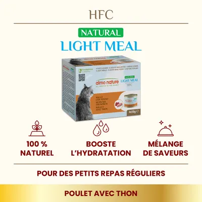 almo nature HFC Natural Light Meal, poulet avec thon, 4x50g. 100 % naturel, booste l’hydratation, mélange de saveurs. Pour des petits repas réguliers. Texte en français visible.