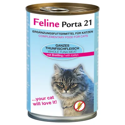 Feline Porta 21 kattemad, Ergänzungsfuttermittel für Katzen, whole tuna meat mit Breitling/with Icefish. Tekst: ...your cat will love it! Billede af kat og kornfri-symbol.