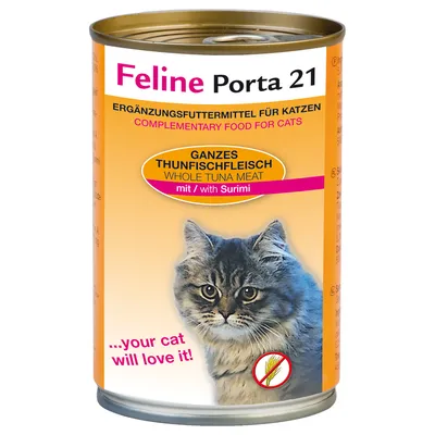 Feline Porta 21 kattemad, Ergänzungsfuttermittel für Katzen, whole tuna meat mit Surimi. Tekst: ...your cat will love it! Billede af kat og kornfri-symbol på dåsen.