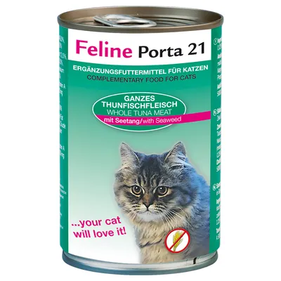 Feline Porta 21 kattemad dåse, tekst: GANZES THUNFISCHFLEISCH WHOLE TUNA MEAT mit Seetang/with Seaweed, ...your cat will love it!, billede af kat og kornfri-symbol.