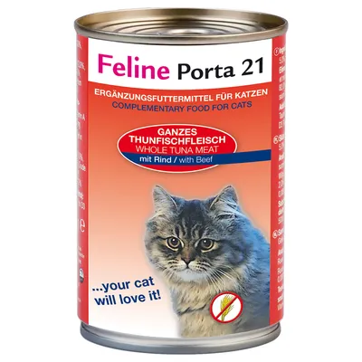 Feline Porta 21 kattemad dåse, tekst: GANZES THUNFISCHFLEISCH WHOLE TUNA MEAT mit Rind / with Beef, ...your cat will love it!, billede af kat og kornfri-symbol