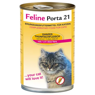 Feline Porta 21 kattemad dåse, tekst: GANZES THUNFISCHFLEISCH WHOLE TUNA MEAT mit/with Aloe Vera, ...your cat will love it!, billede af kat og kornfri-symbol