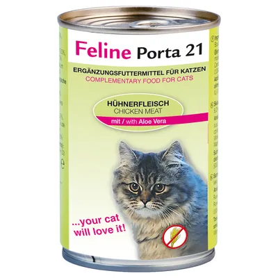 Feline Porta 21 kattemad dåse, Hühnerfleisch Chicken Meat mit/with Aloe Vera, Ergänzungsfuttermittel für Katzen, Complementary Food for Cats, billede af kat, ...your cat will love it!