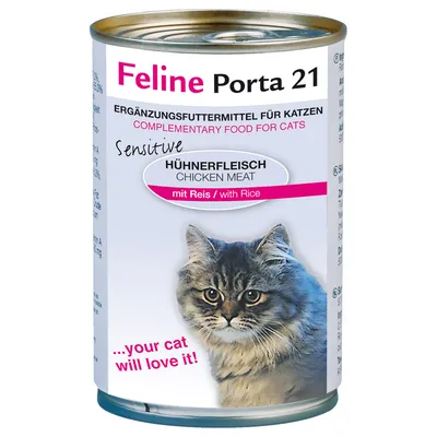Feline Porta 21 kattemad dåse, tekst: Ergänzungsfuttermittel für Katzen, Chicken Meat mit Reis, Sensitive, ...your cat will love it! Billede af kat på forsiden.