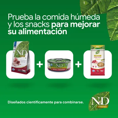 N&D Prime pienso, comida húmeda Chicken & Pomegranate y snack. Desarrollado científicamente para combinar. Prueba la comida húmeda y los snacks para una mejor alimentación. N&D Prime pienso, comida húmeda Chicken & Pomegranate y snack. Desarrollado científicamente para combinar. Prueba la comida húmeda y los snacks para una mejor alimentación.