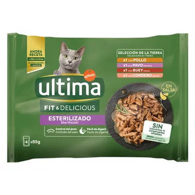 Ultima Fit & Delicious Sterilizado karma dla kotów w sosie, wybór: kurczak, indyk, wołowina, jagnięcina. Bez barwników i konserwantów. Opakowanie 4x85g.
