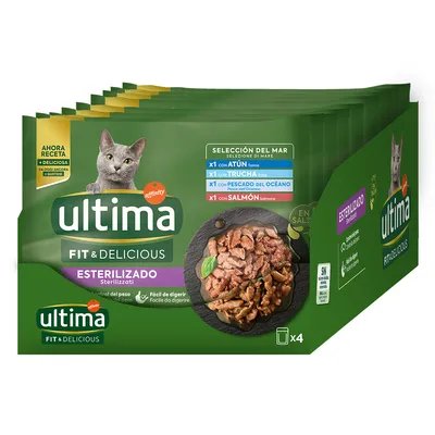 Ultima Fit & Delicious Sterilizzati karma dla kotów, wybór z morza: tuńczyk, pstrąg, ryba oceaniczna, łosoś. Opakowanie 4 porcji. Kontrola wagi i lekkostrawna.