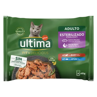Ultima Fit & Delicious sterilisoiduille aikuisille kissoille, 4 x 85 g annospakkaus. Sisältää naudanlihaa ja tonnikalaa kastikkeessa. Ei lisättyjä väriaineita tai säilöntäaineita.