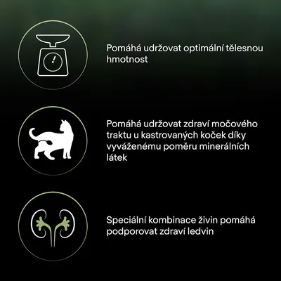 Pomáhá udržovat optimální tělesnou hmotnost, zdraví močového traktu u kastrovaných koček díky minerálům a speciální kombinace živin podporuje zdraví ledvin.