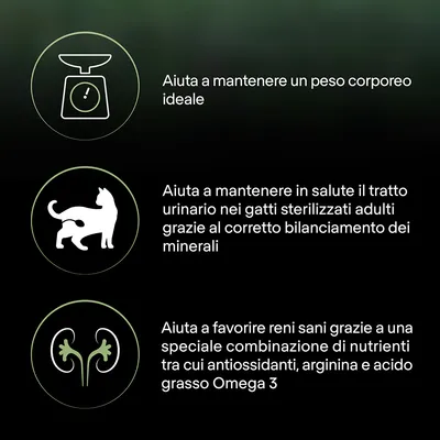 Aiuta a mantenere un peso corporeo ideale. Aiuta a mantenere in salute il tratto urinario nei gatti sterilizzati adulti. Favorisce reni sani con antiossidanti, arginina e Omega 3.