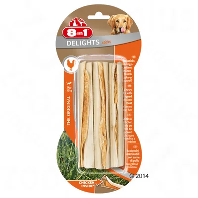 Confezione 8in1 Delights sticks THE ORIGINAL, bastoncini masticabili con carne di pollo, per cani 2–35 kg. Testo visibile: CHICKEN INSIDE.