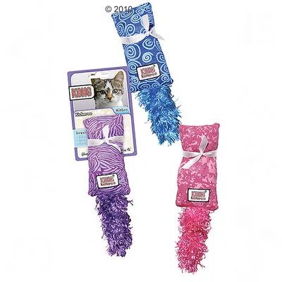 KONG Kickeroo toy for cats, three designs: blue with spiral pattern, purple with zebra pattern and pink with camouflage pattern, each with fluffy tail.