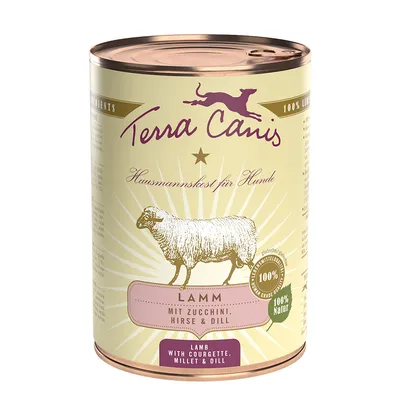 Terra Canis konzerv kutyáknak, Lamm mit Zucchini, Hirse & Dill, 100% Natur, bárány cukkinivel, kölessel és kaporral. Felirat: Hausmannskost für Hunde.