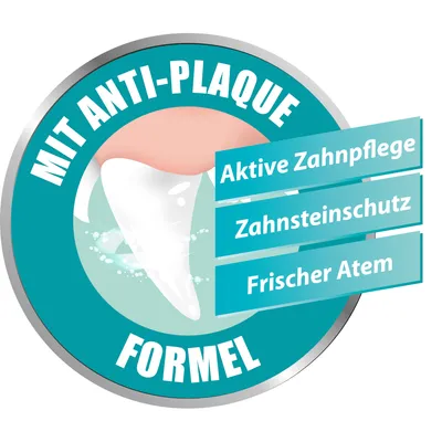 Tekst in het Duits: MIT ANTI-PLAQUE FORMEL, Aktive Zahnpflege, Zahnsteinschutz, Frischer Atem