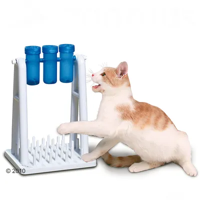 Kissa leikkii valkoisella ja sinisellä muovisella aktivointilelulla, jossa kolme sinistä pyörivää säiliötä telineessä ja piikkialusta pohjalla.