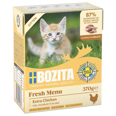 Bozita Fresh Menu Kitten com extra frango, 370g. 87% ingredientes de origem animal em pedaços, Made in Sweden, sem cereais, sem açúcar, sem corantes.