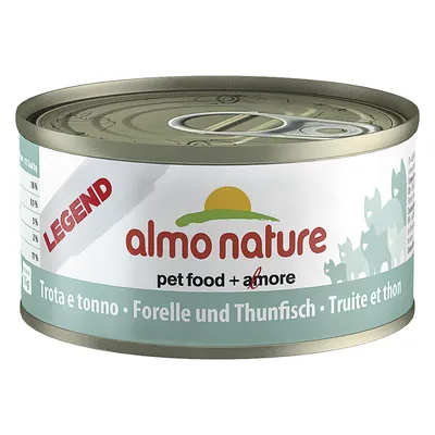 Lata de comida para animais almo nature LEGEND, pet food + amore, sabor truta e atum. Texto também em alemão e francês: Forelle und Thunfisch, Truite et thon.