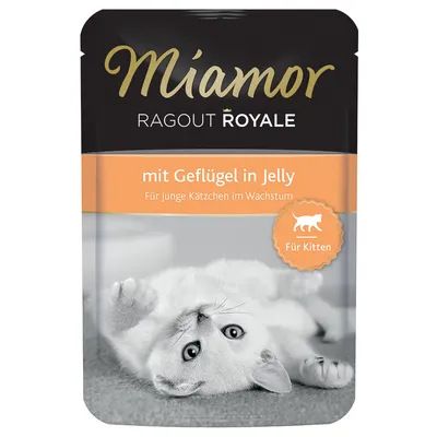 Miamor Ragout Royale mit Geflügel in Jelly, Für junge Kätzchen im Wachstum, Für Kitten. Obal kapsičky s obrázkem kotěte.