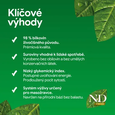 98 % živočíšneho proteínu, prísady v potravinárskej kvalite, bez obilnín a umelých konzervačných látok, nízky glykemický index, výživový systém pre mäsožravcov. 98 % živočíšneho proteínu, prísady v potravinárskej kvalite, bez obilnín a umelých konzervačných látok, nízky glykemický index, výživový systém pre mäsožravcov.