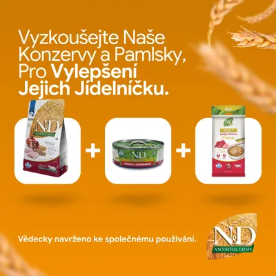 N&D Ancestral Grain suché krmivo, N&D Prime Chicken & Pomegranate mokré krmivo a N&D Adult Cream zobrazené. Vedecky vyvinuté na spoločné používanie.