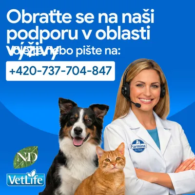 Kontakt na nutričné poradenstvo Farmina Pet Foods na čísle +420-737-704-847. Logá: ND, VetLife.