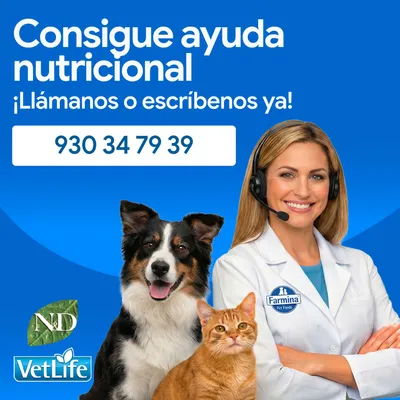 Obtén asesoramiento nutricional. Número de teléfono: 930 34 79 39. Farmina Pet Foods, VetLife y N&D logos visibles.