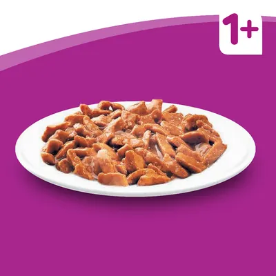 Assiette de bouchées en sauce sur fond violet, texte visible : 1+ dans un encadré blanc en haut à droite