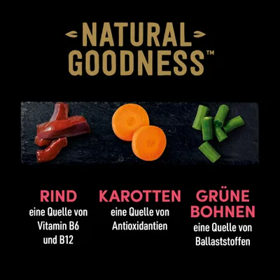 Natural Goodness. Ингредиенты: говядина, источник витаминов B6 и B12; морковь, источник антиоксидантов; зеленая фасоль, источник клетчатки.