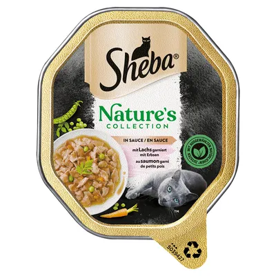 Sheba Nature's Collection, IN SAUCE, s lososom a hráškom, obrázok misky s krmivom, zelený certifikát výberu prírodných ingrediencií, mačka na obale.